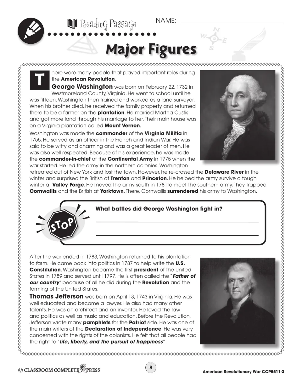 Reading passage part 1: biographies of George Washington and Thomas Jefferson, with portraits and a stop question
