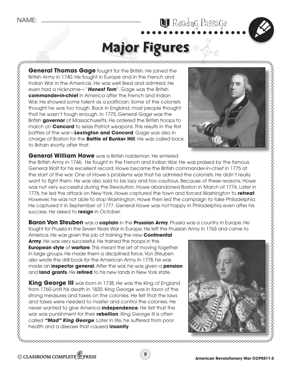 Reading passage part 2: General Thomas Gage, General William Howe, Baron Von Steuben and King George III