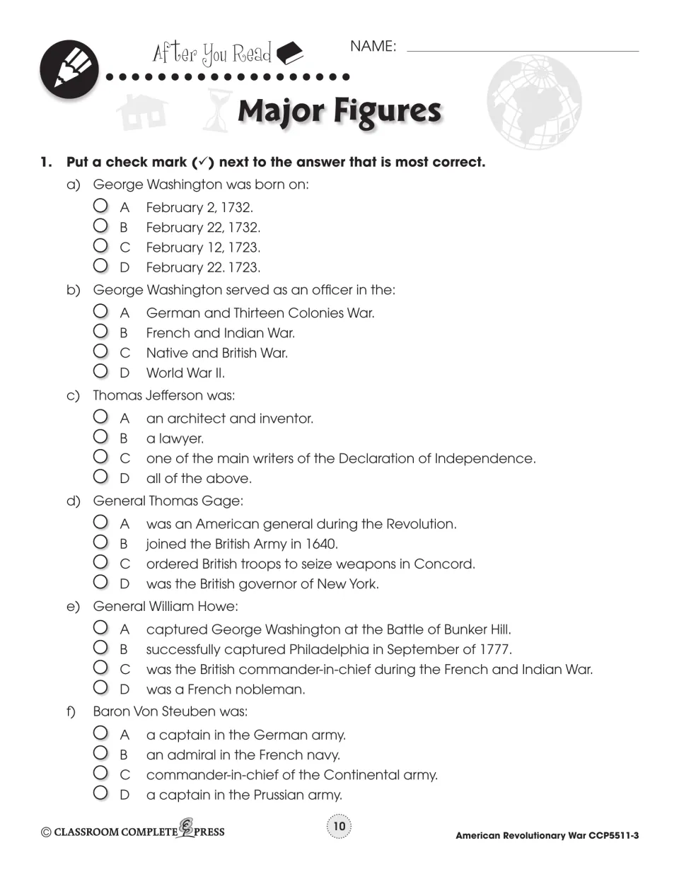 After You Read multiple choice: six questions on Washington, Jefferson, Gage, Howe and Von Steuben
