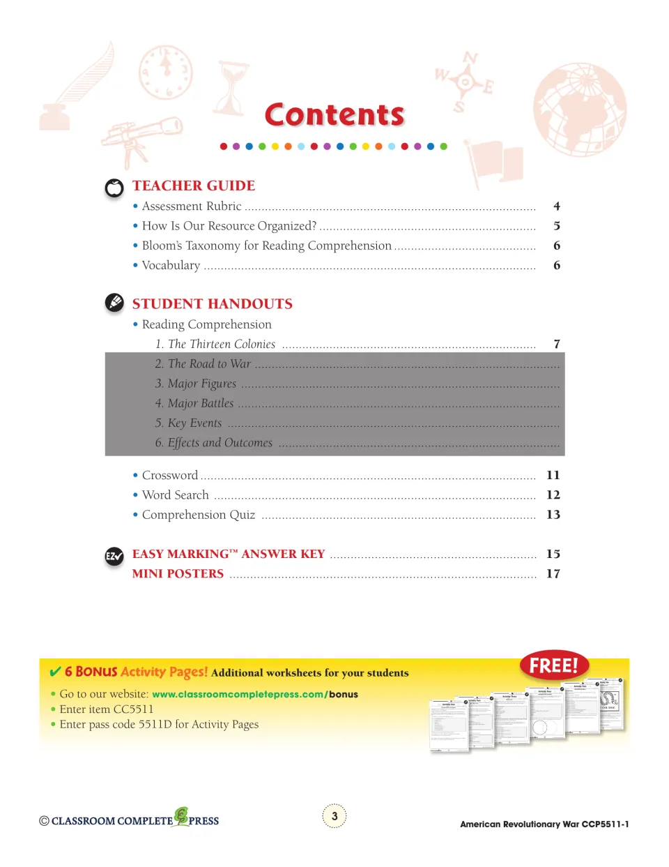 Contents: teacher guide, Thirteen Colonies reading, crossword, word search, quiz, answer key and mini posters