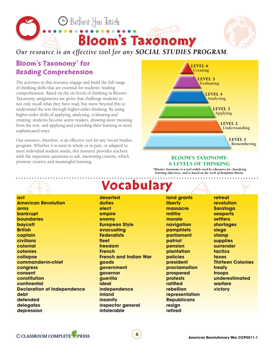 Bloom's Taxonomy pyramid of six thinking levels and a vocabulary list: act, boycott, militia, treaty, and more