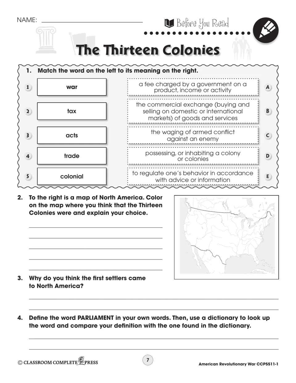 Before You Read: match war, tax, acts, trade, colonial to meanings; color the colonies on a map; define parliament