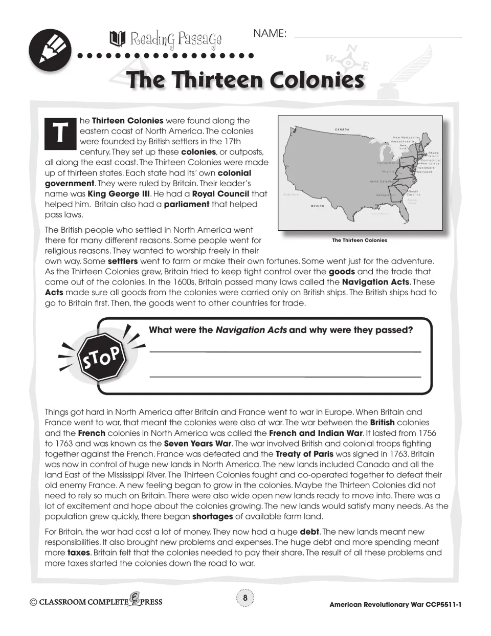 Reading passage on the Thirteen Colonies, Navigation Acts and French and Indian War, with a labeled colonies map