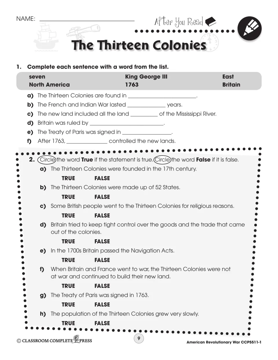 After You Read: fill in sentences using words like 1763 and King George III, and 8 true-or-false statements