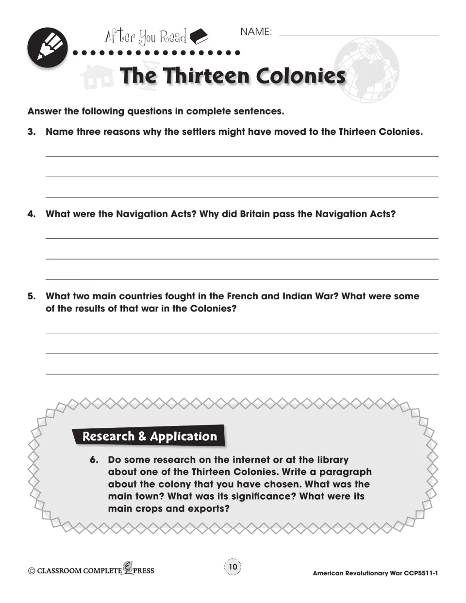After You Read questions 3–5 on settlers, Navigation Acts and French and Indian War, plus a colony research task