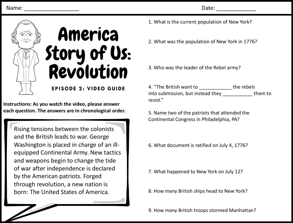 Revolution video guide, questions 1-9: students answer as they watch, from New York's population to the Declaration