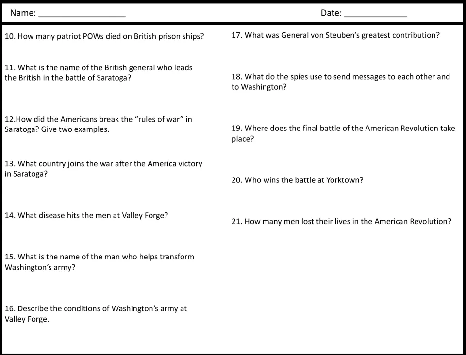 Revolutionary War video questions 10-21 on Saratoga, Valley Forge, von Steuben, spies and Yorktown for students to answer