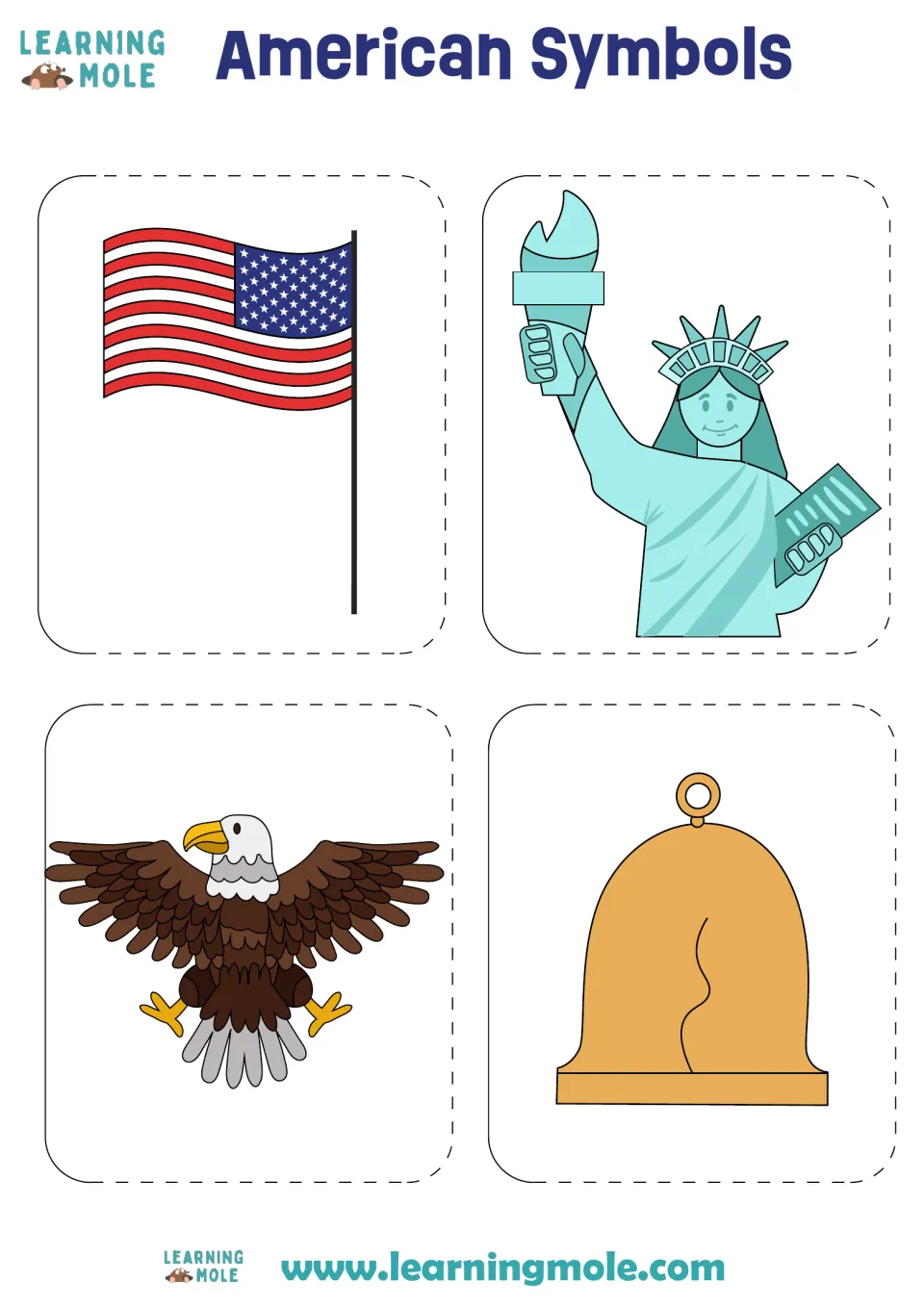 Cut-and-glue activity top sheet: U.S. flag, Statue of Liberty, bald eagle, and Liberty Bell picture flaps