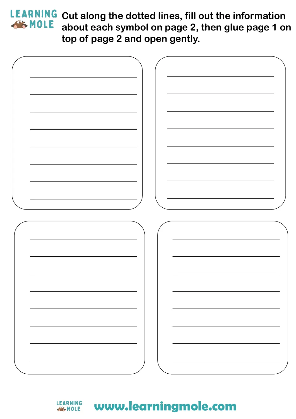 Writing sheet for facts about four U.S. symbols, with directions to cut and glue the picture sheet on top