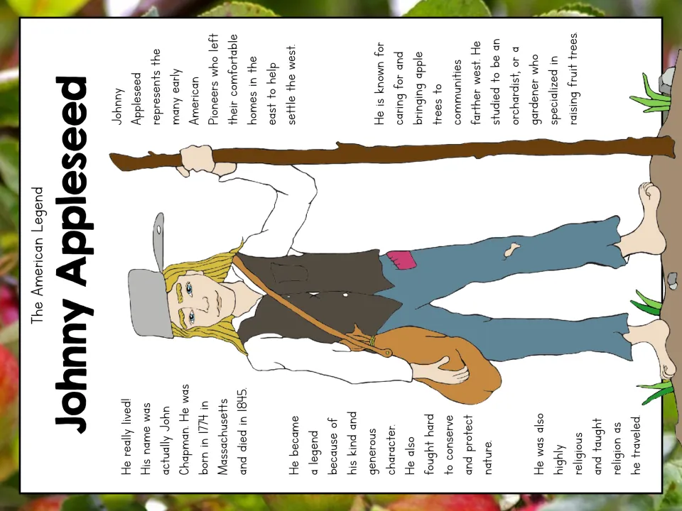 Johnny Appleseed facts: John Chapman, born 1774 in Massachusetts, died 1845, orchardist who brought apple trees west