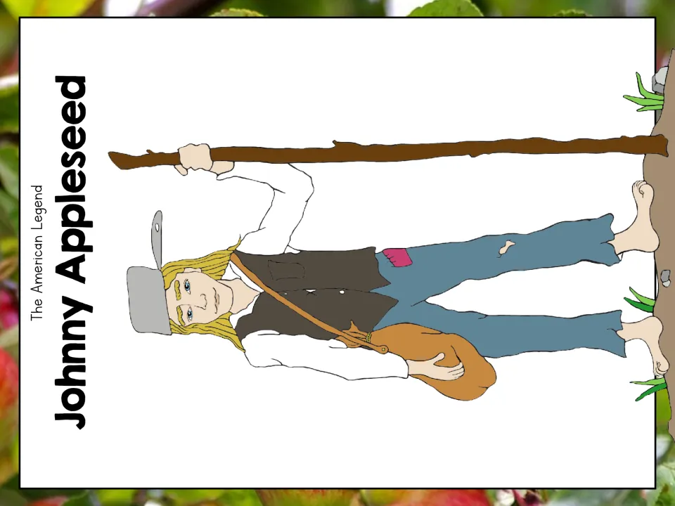 The American Legend poster: Johnny Appleseed drawn barefoot with a pot hat, walking staff and shoulder bag
