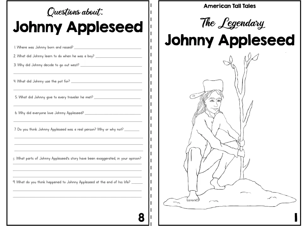 Booklet cover plus 9 comprehension questions: Johnny's trip west, his pot hat, and which story parts are exaggerated