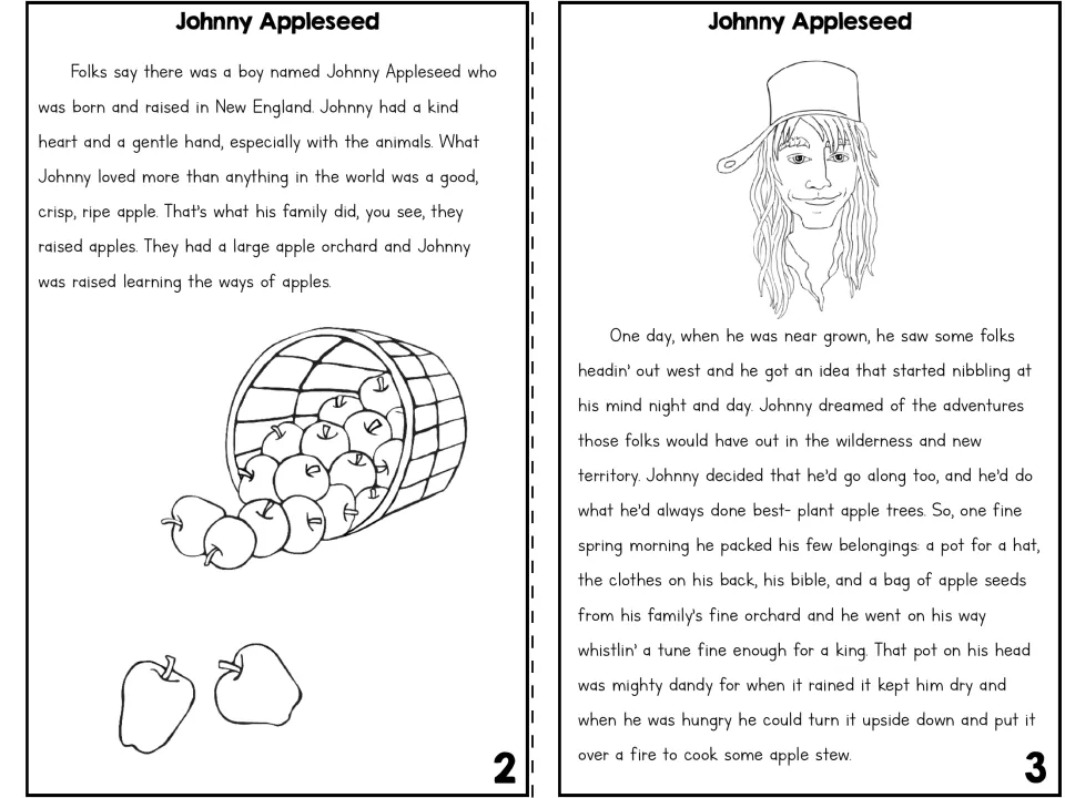 Story pages 2-3: Johnny grows up on his family's apple orchard, then heads west with a pot for a hat and apple seeds