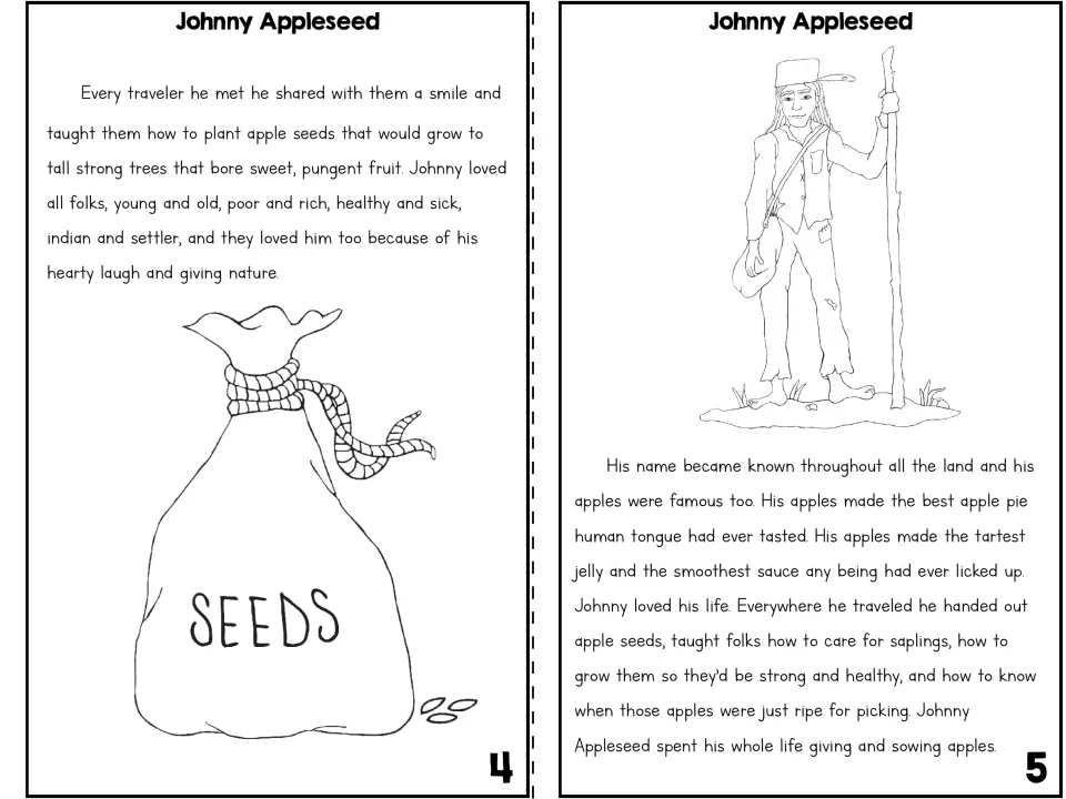 Story pages 4-5: Johnny teaches travelers to plant apple seeds and his apples become famous for pie, jelly and sauce