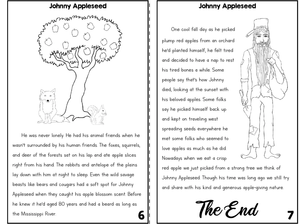 Story pages 6-7: forest animals befriend Johnny, he ages 80 years, and two possible endings close the tale