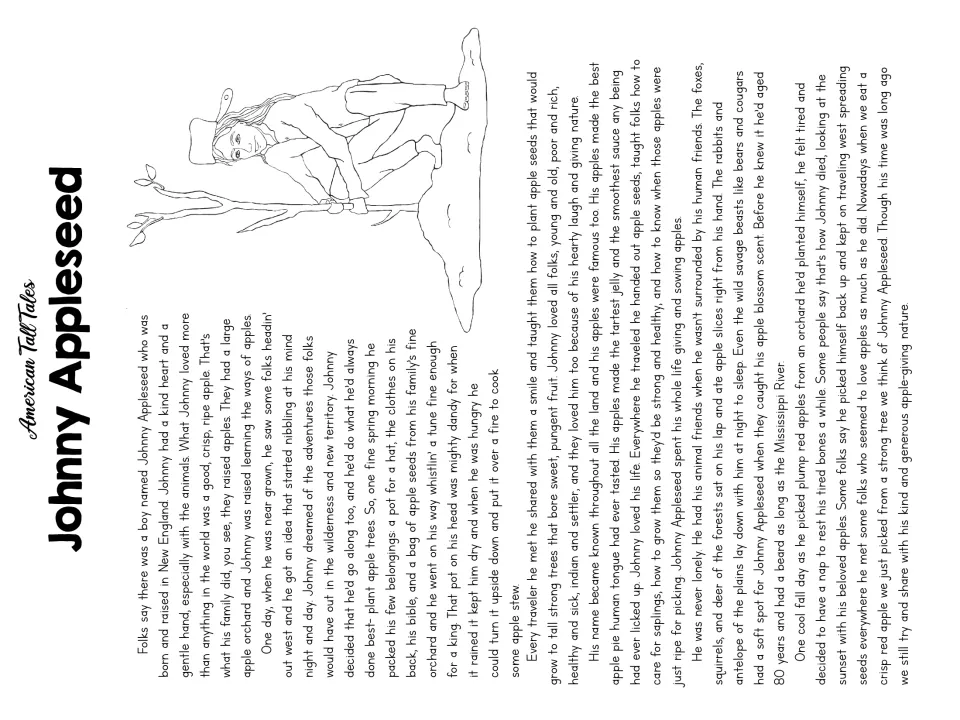Full Johnny Appleseed tall tale on one page, from his New England childhood to his last days among apple trees