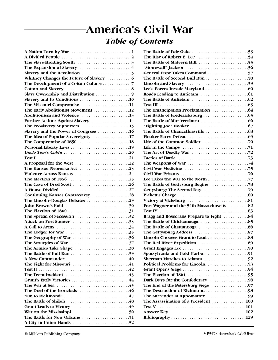 Table of contents: lessons from 'A Nation Torn by War' to Lincoln's assassination, five tests, answer key
