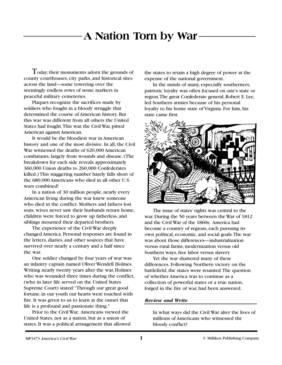 Reading 'A Nation Torn by War' on 620,000 deaths and states' rights, with a Review and Write question