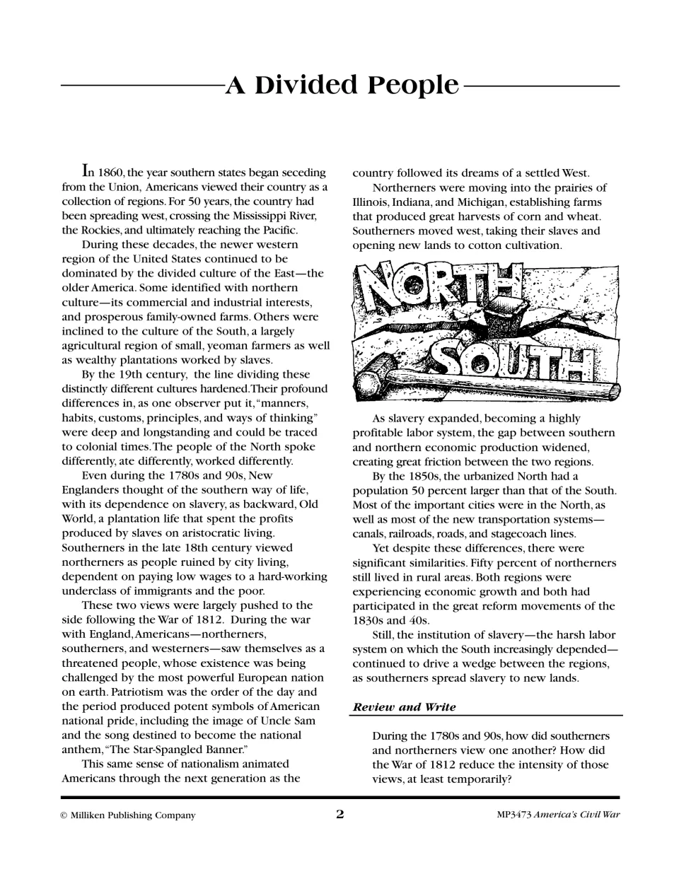 'A Divided People' reading on North–South cultural and economic gaps before 1860, plus a Review and Write question