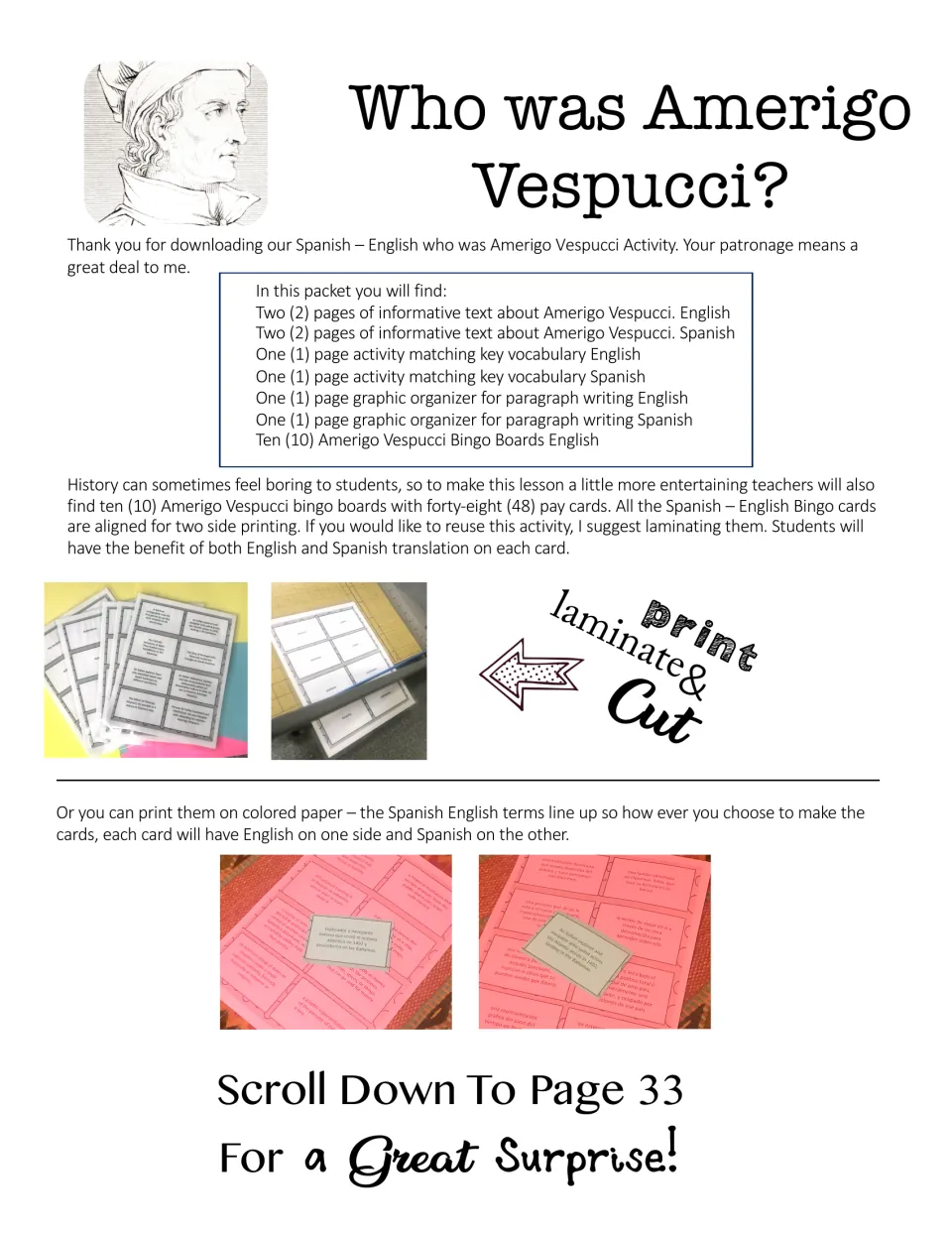 Who was Amerigo Vespucci? Packet overview listing English and Spanish texts, vocabulary matching and 10 bingo boards