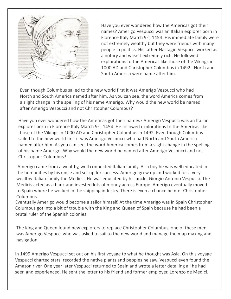 Reading passage on Vespucci's early life, Medici ties, move to Spain and 1499 voyage, asking why America bears his name