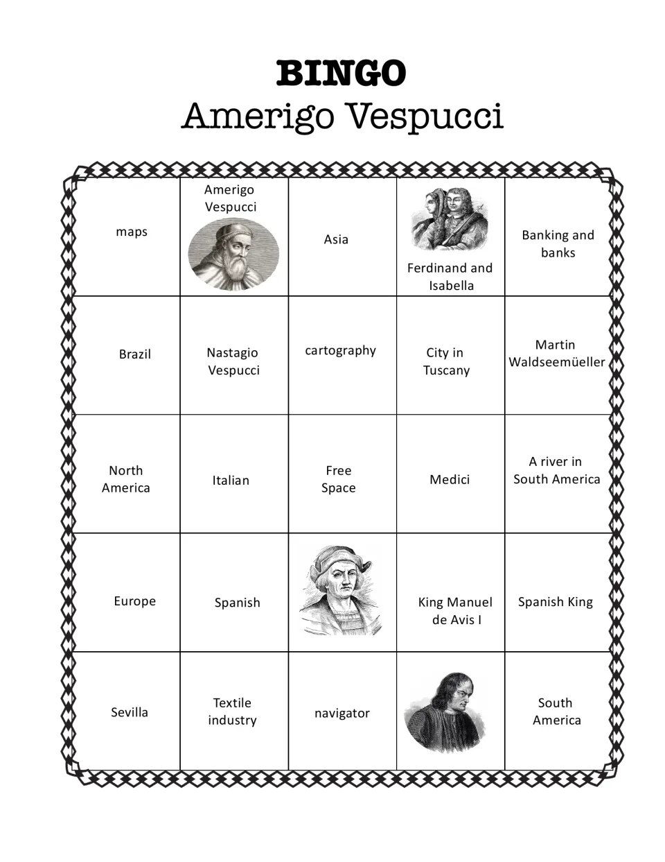 Vespucci bingo board 2 with maps, cartography, Italian, Ferdinand and Isabella, Brazil and North America
