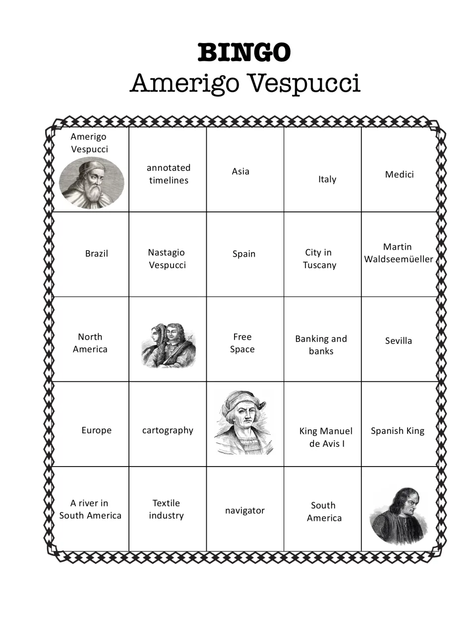 Vespucci bingo board 3 with annotated timelines, Italy, Spain, Nastagio Vespucci, Sevilla and explorer portraits