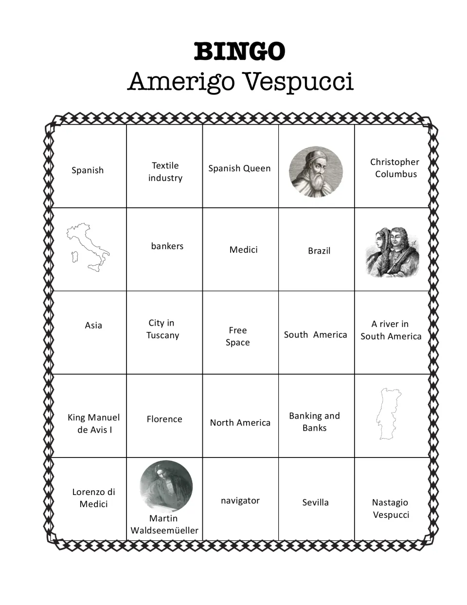 Vespucci bingo board 4 with Spanish Queen, bankers, Florence and outline maps of Italy and Portugal