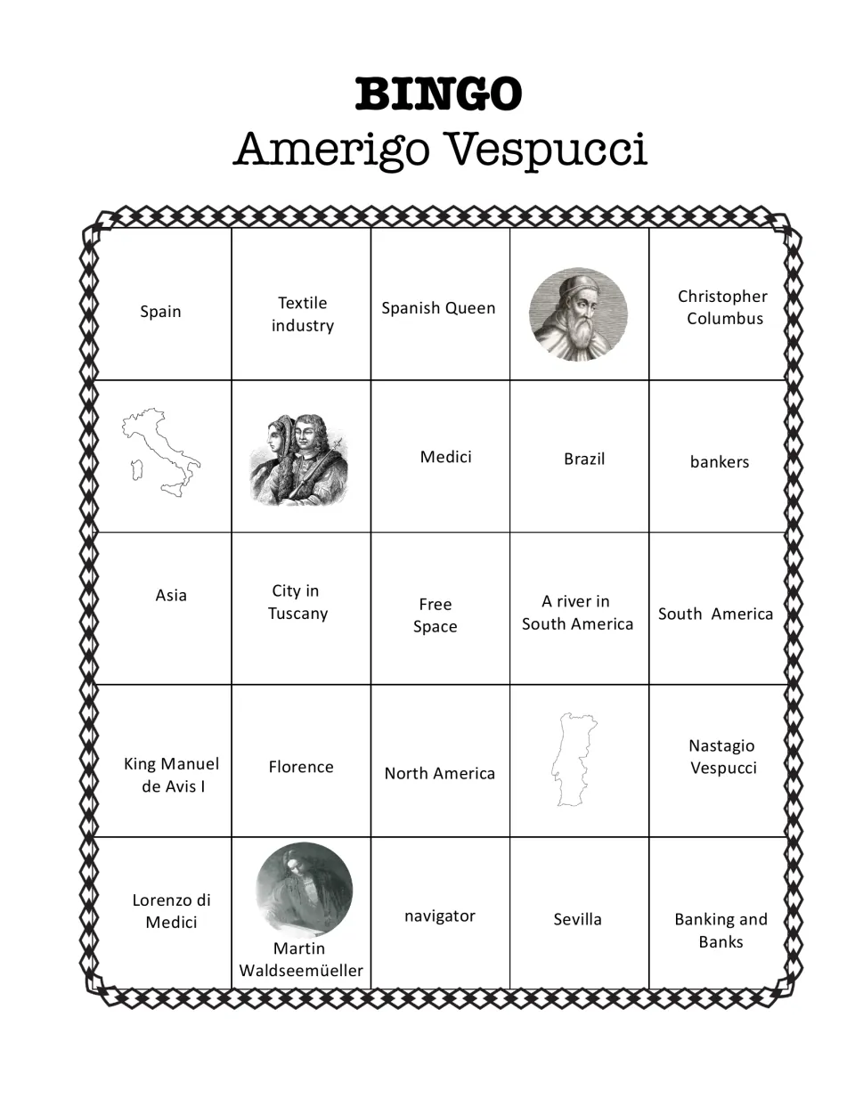 Vespucci bingo board 5 starting with Spain, then Spanish Queen, bankers, Lorenzo di Medici and Banking and Banks