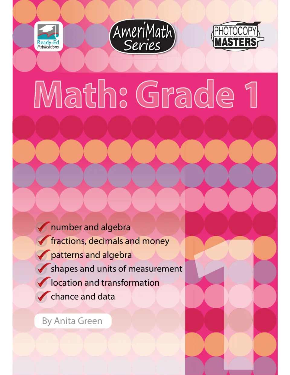 Math: Grade 1 workbook cover by Anita Green, listing six topics from number and algebra to chance and data