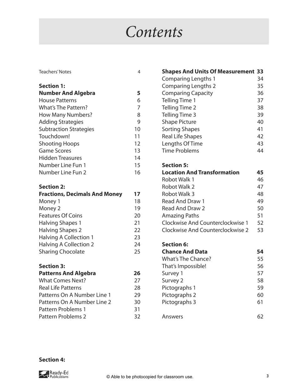 Contents listing Teachers' Notes, six sections from Number And Algebra to Chance And Data, and answers on page 62
