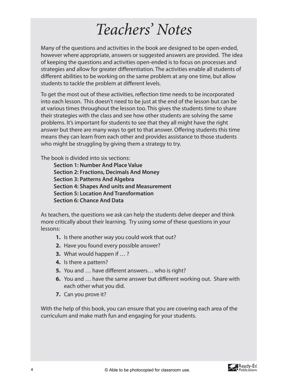 Teachers' Notes on open-ended activities, reflection time, the six sections and seven questions to ask students