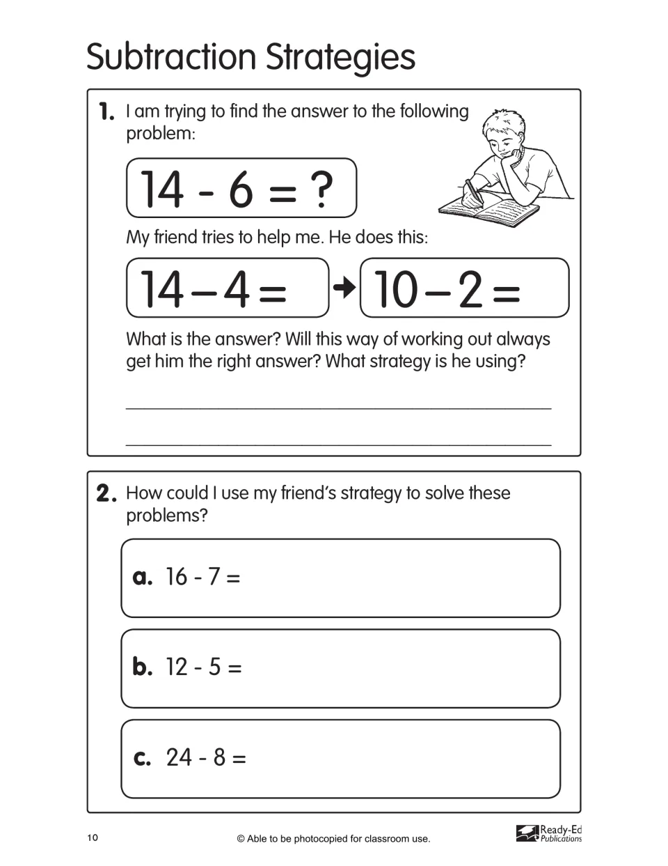 Subtraction Strategies: solving 14 - 6 as 14 - 4, then 10 - 2, then using it for 16 - 7, 12 - 5 and 24 - 8