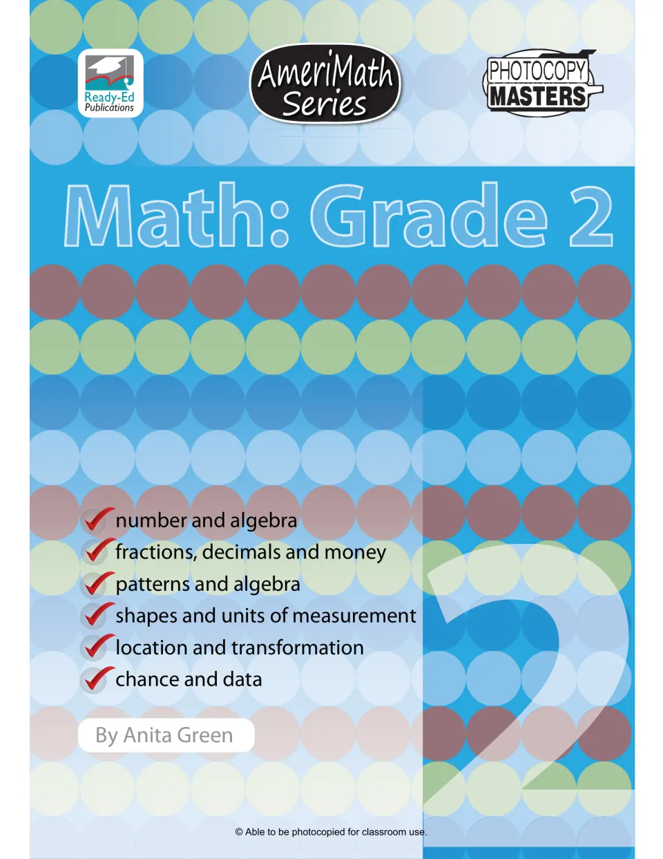 Math: Grade 2 workbook cover, AmeriMath Series, listing six topics from number and algebra to chance and data