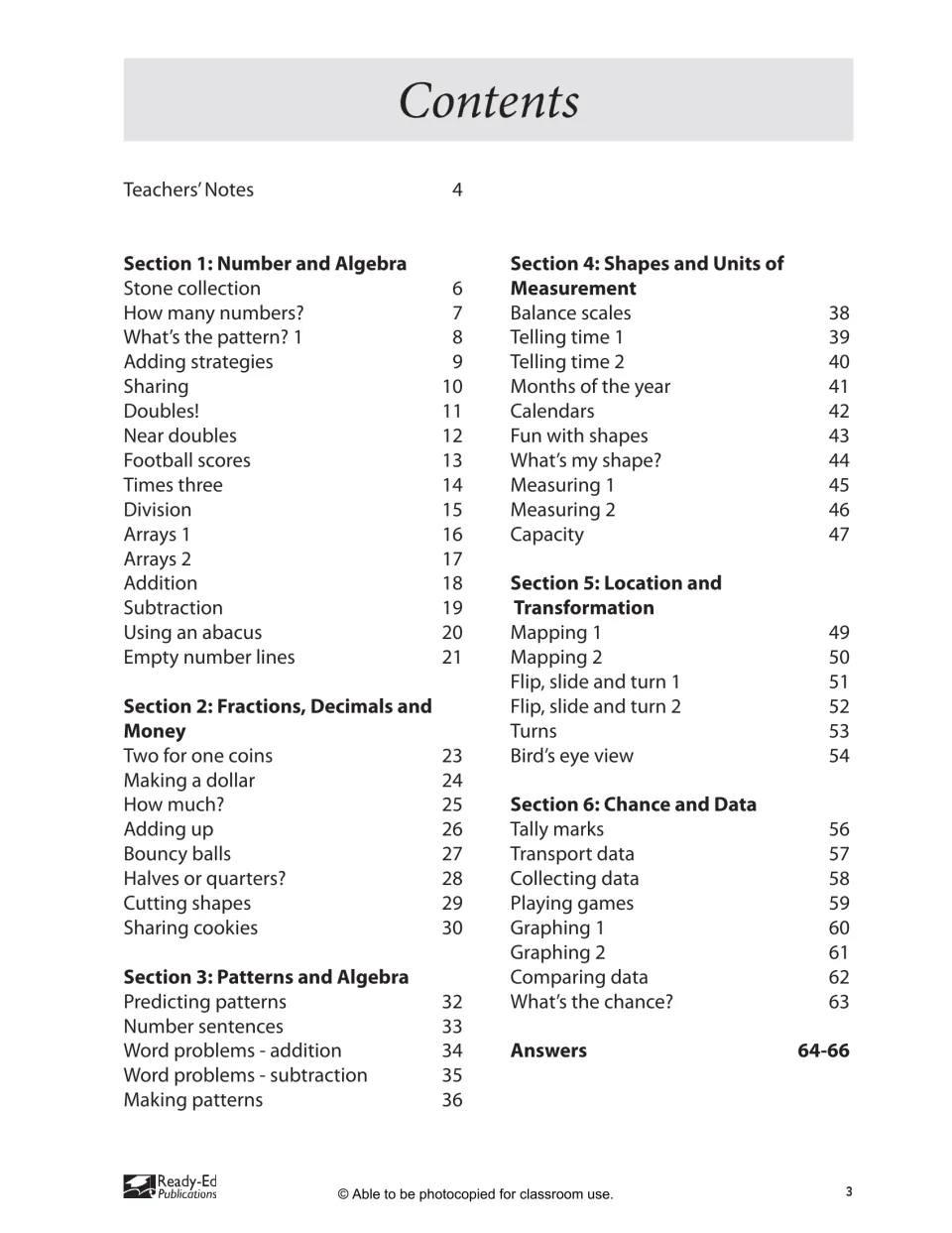 Contents: activity titles and page numbers for six sections, from Stone collection to What's the chance?