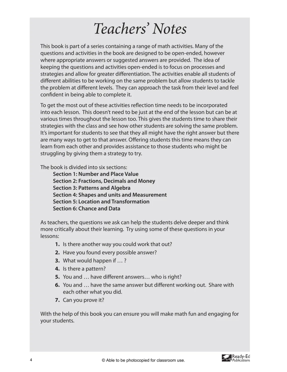Teachers' notes on open-ended activities, the six section names, and seven questions such as 'Can you prove it?'