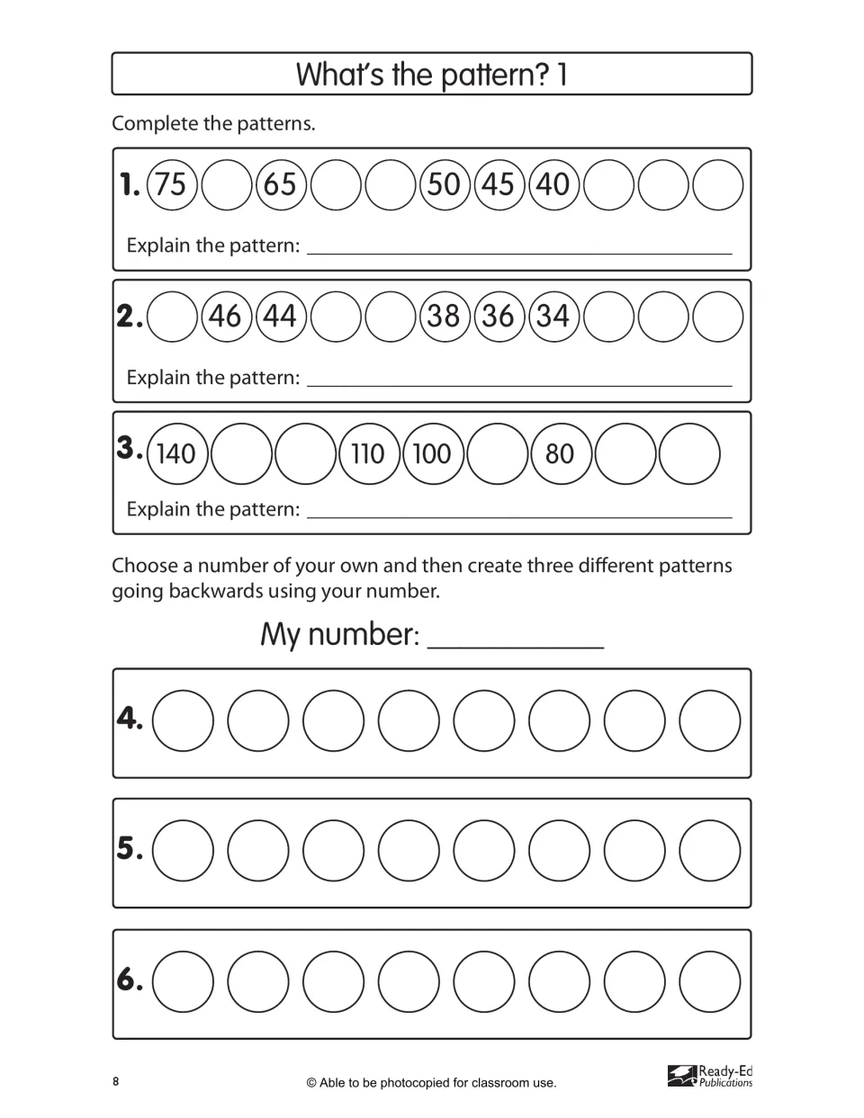 What's the pattern? 1: fill in backward number patterns like 75, _, 65 and 140, _, _, 110, then create three more