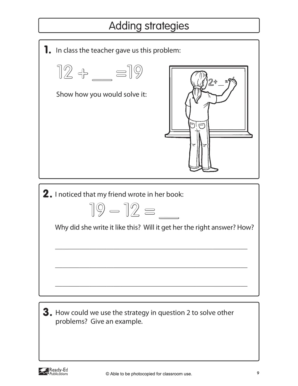 Adding strategies: solve 12 + _ = 19, explain why a friend wrote 19 – 12 = _, and give an example