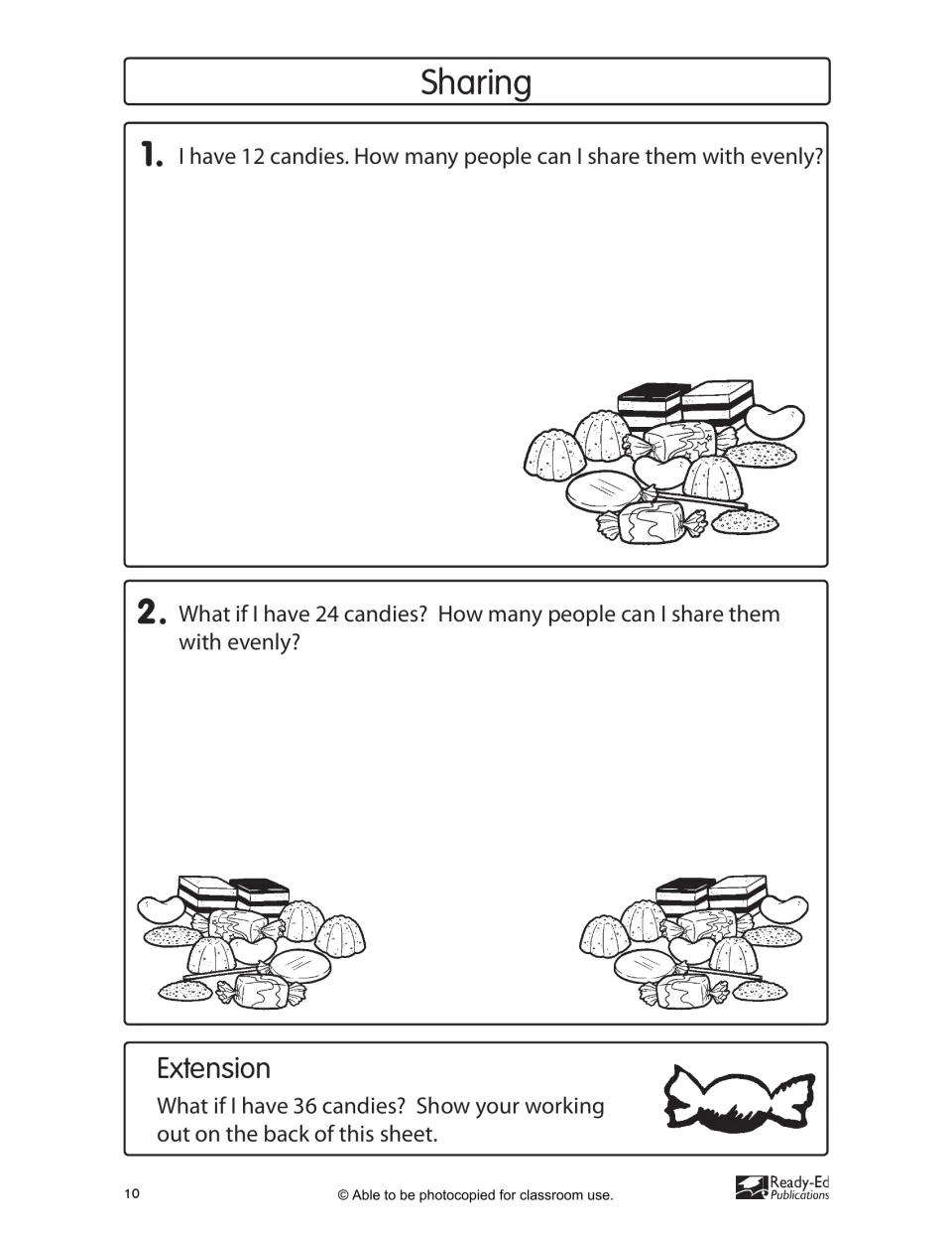 Sharing word problems: how many people can share 12 candies evenly, then 24, with 36 candies as the extension