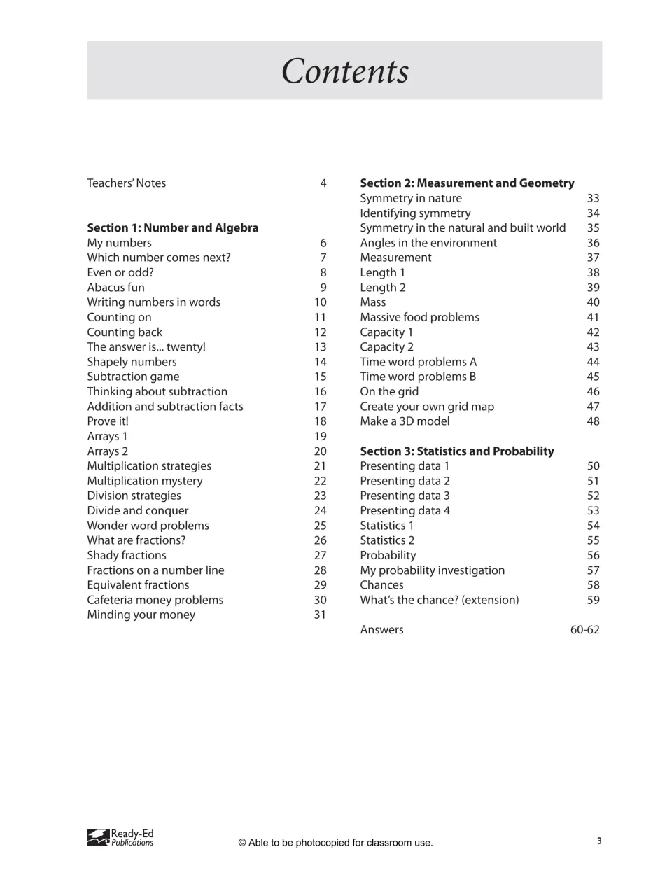 Workbook contents listing three math sections, activities from My numbers to Chances, and answers on pages 60–62