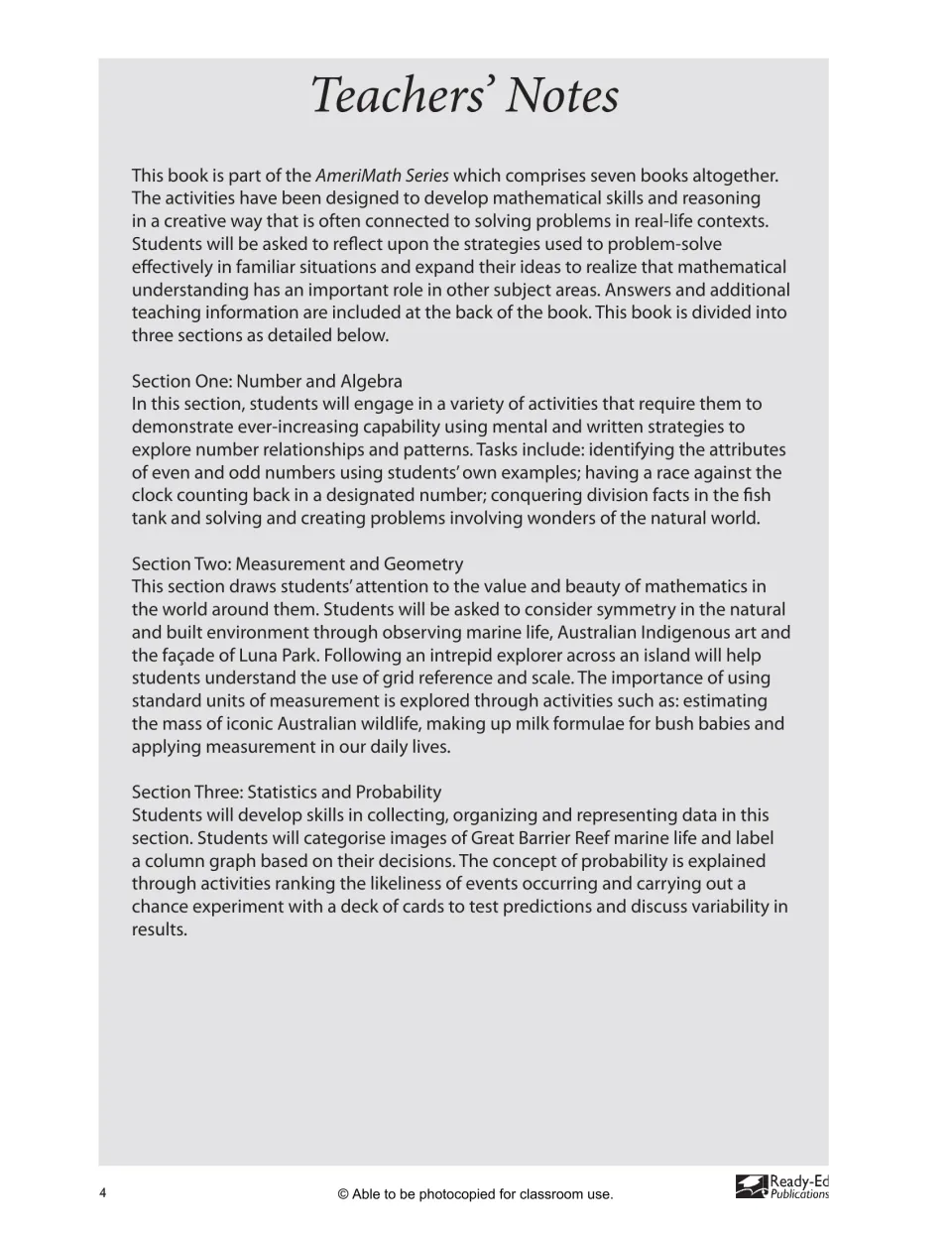 Teacher notes explain the workbook's three sections, including number patterns, measurement, data, and probability