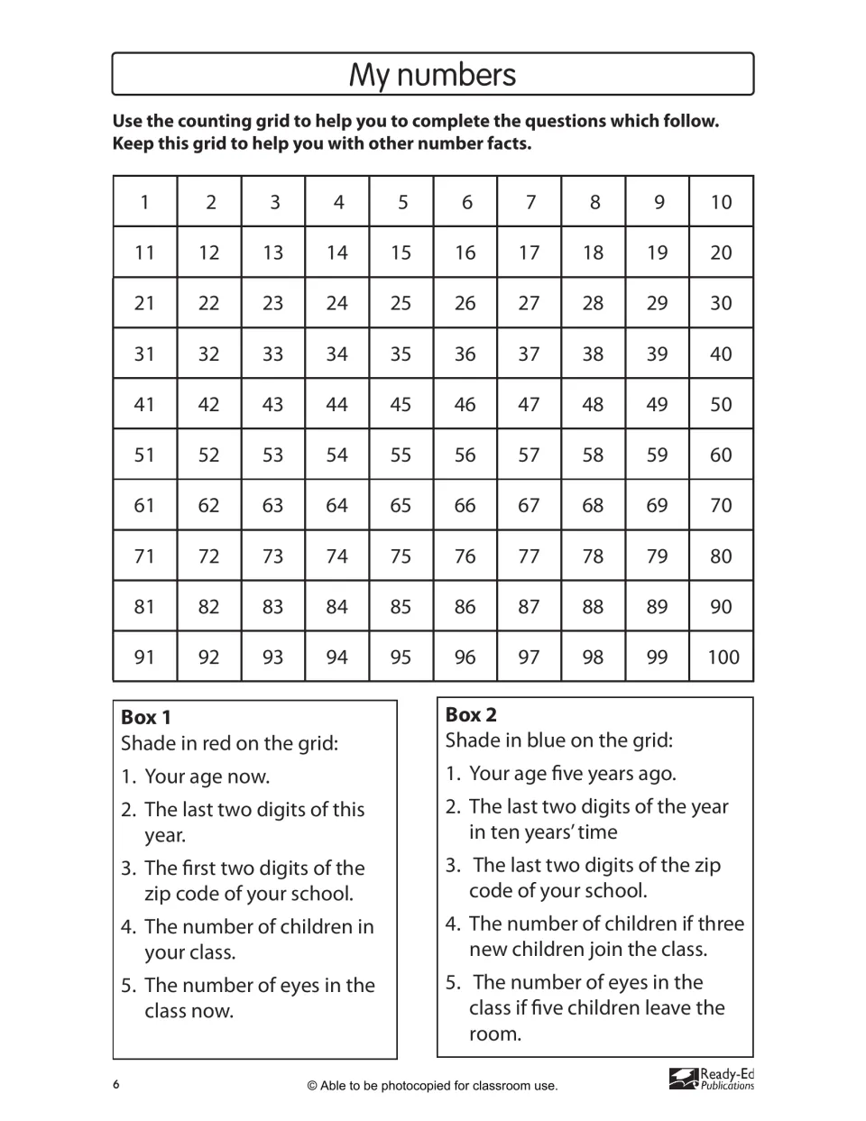 My numbers activity asks students to shade numbers from 1–100 using their age, school ZIP code, and class size