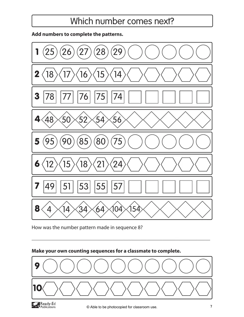Which number comes next? activity has eight number patterns to complete and two sequences for students to create