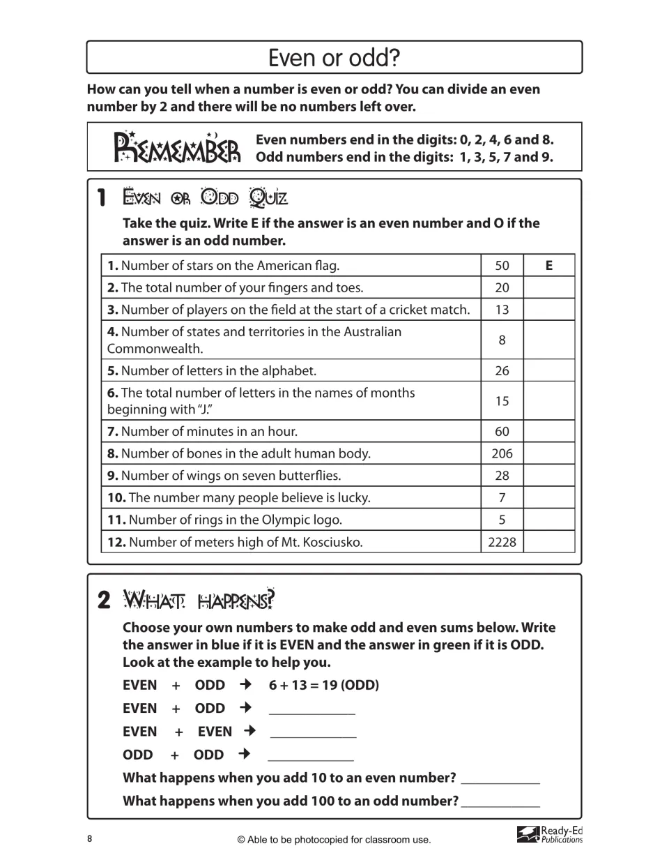 Even or odd? activity includes a 12-item number quiz, student-created sums, and questions about adding 10 or 100