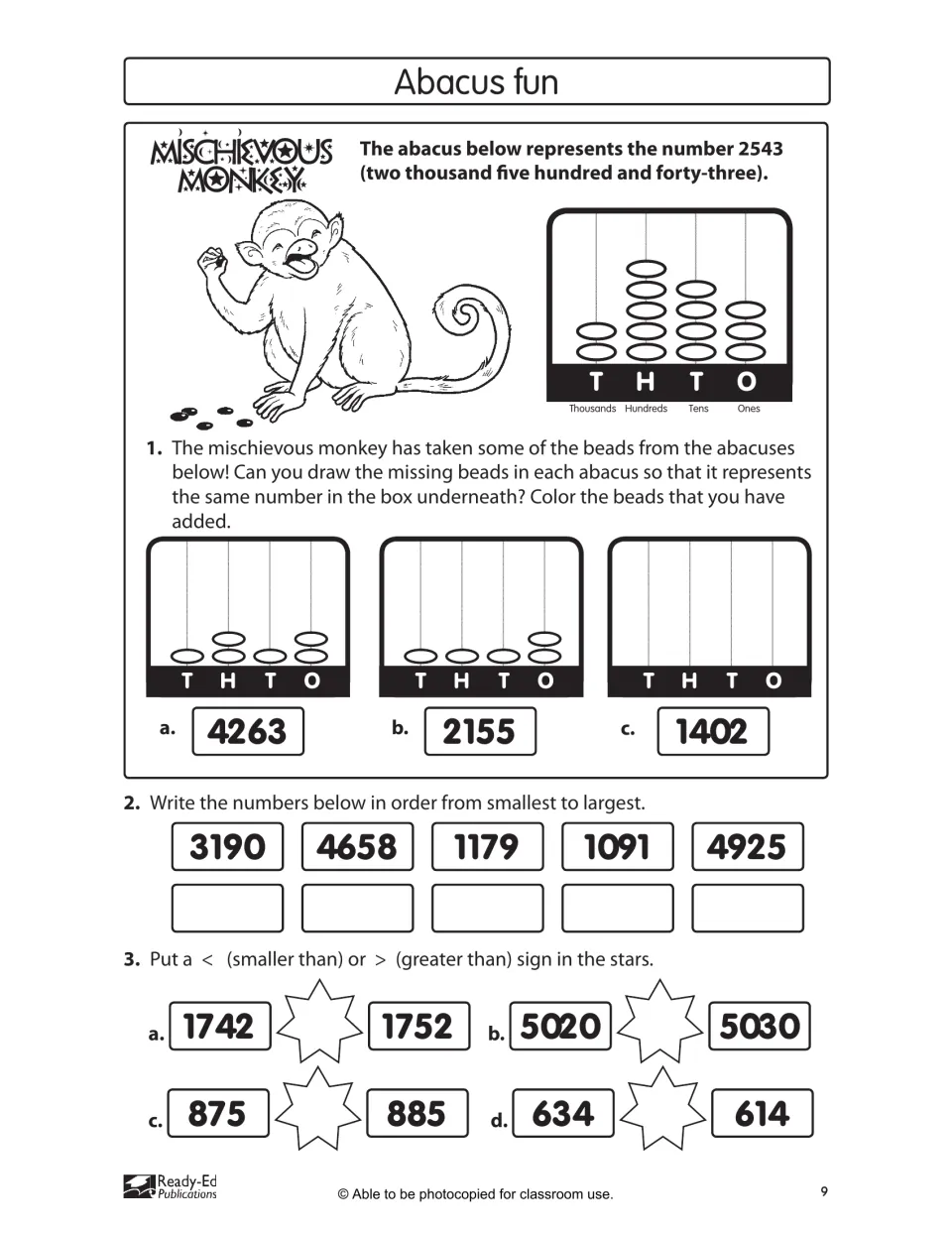Abacus fun activity asks students to add beads for 4263, 2155, and 1402, order numbers, and compare number pairs