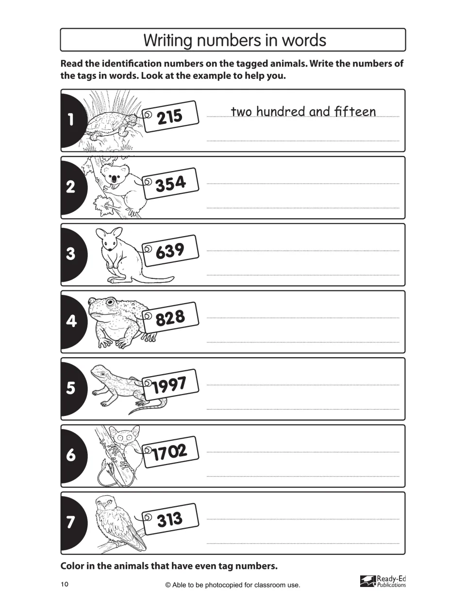 Writing numbers in words activity uses seven animal tags, with 215 as the example and even tags to color
