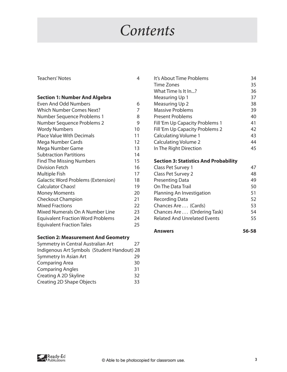 Workbook contents listing activities in three math sections, teacher notes, and answers on pages 56–58