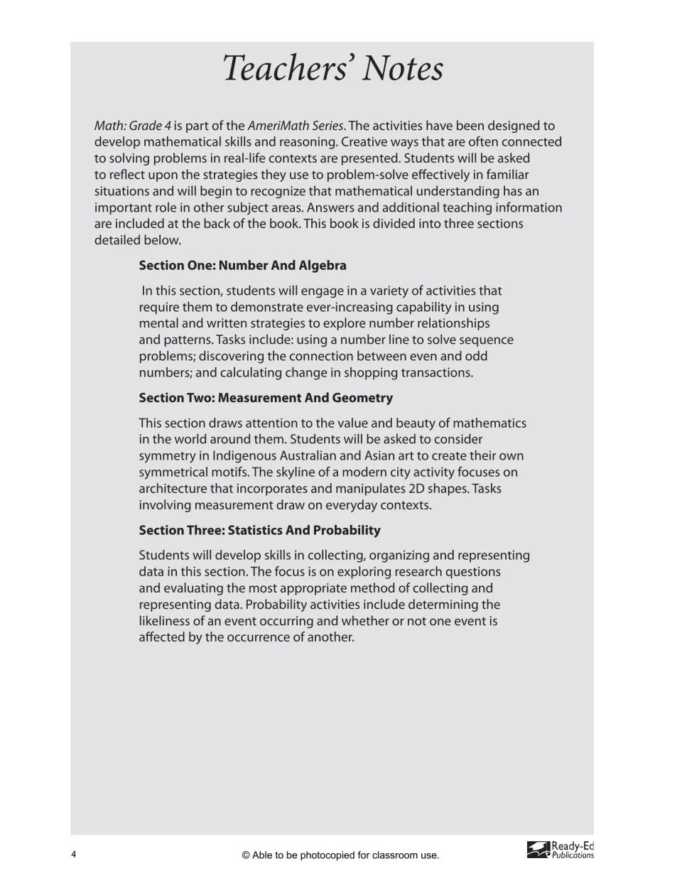 Teacher notes explain the workbook's number, measurement, geometry, data, and probability activities