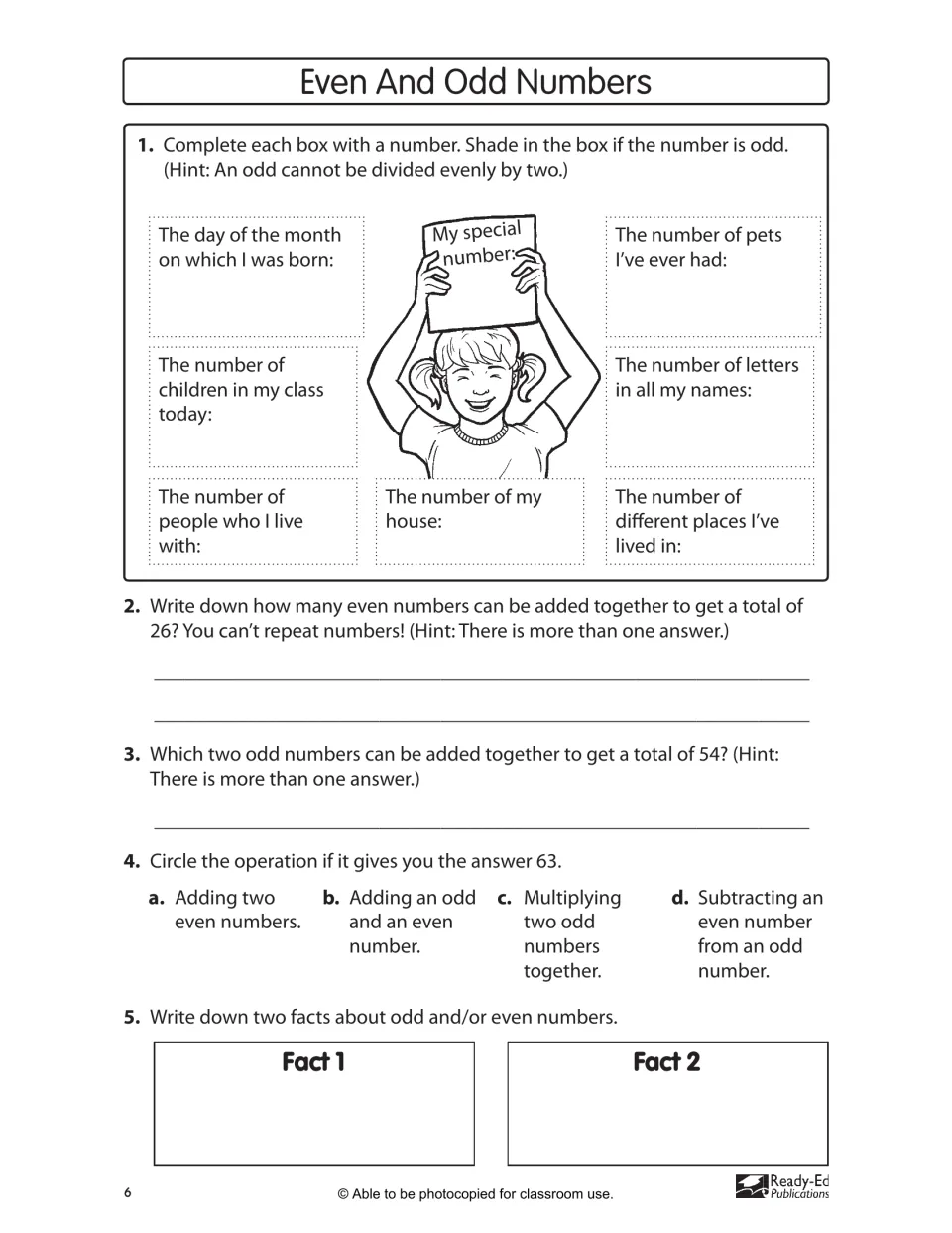 Even and odd numbers practice uses personal numbers, sums of 26 and 54, and operations that could give 63