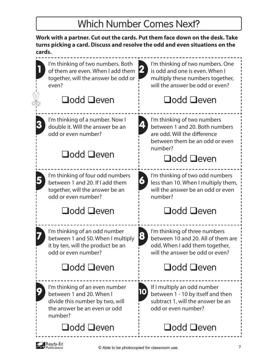 Ten cut-apart partner cards ask whether sums, differences, products, and division results are odd or even